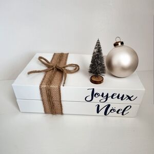 Christmas Joyeux Noël Decorative Book stack shelf home decor tan beige ribbon